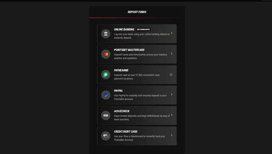 PointsBet Deposit Methods