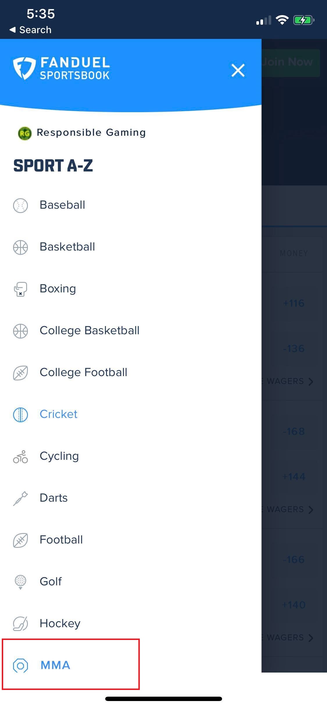 FanDuel Sportsbook App Menu