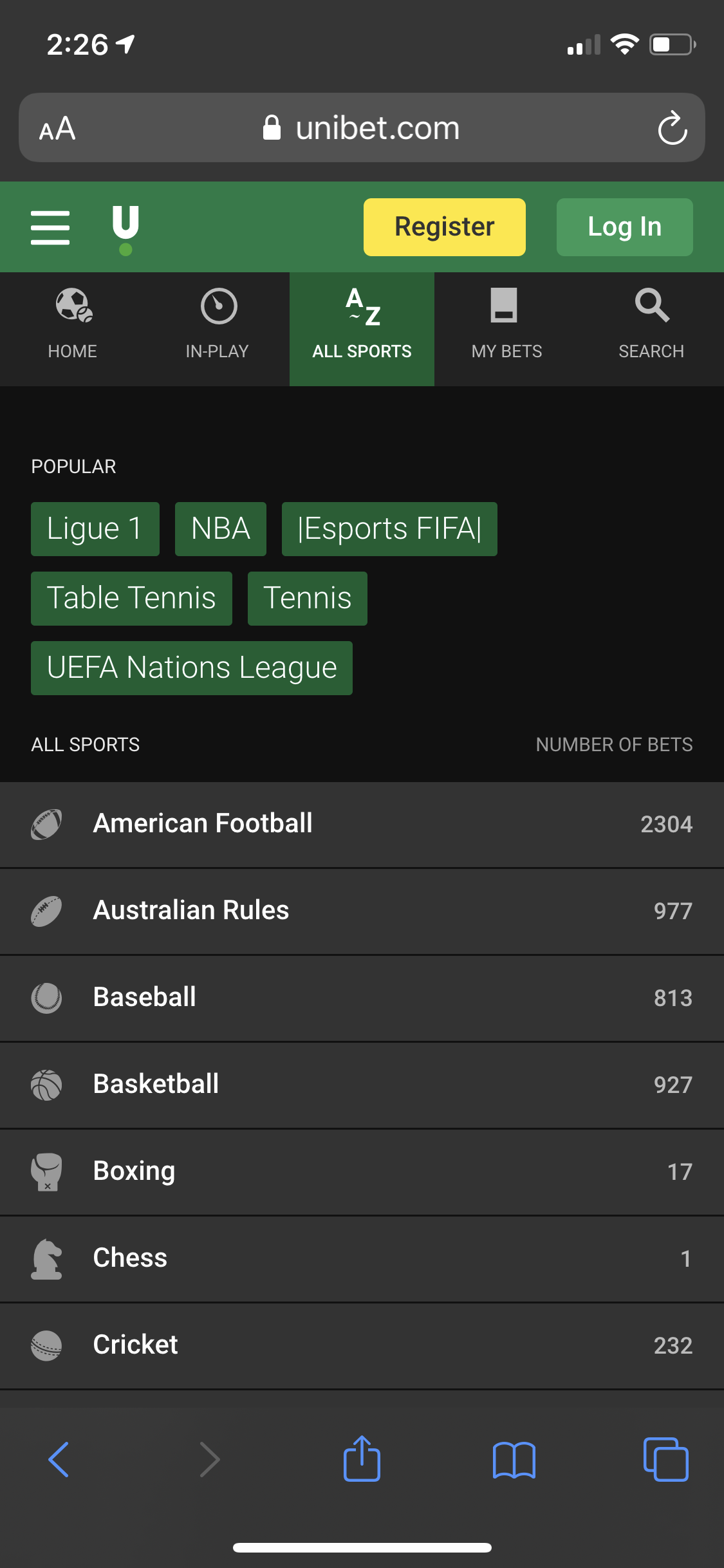 Unibet Sportsbook Menu